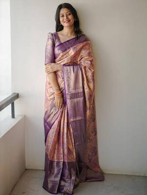 Peach floral zardozi kanjeevaram saree 1