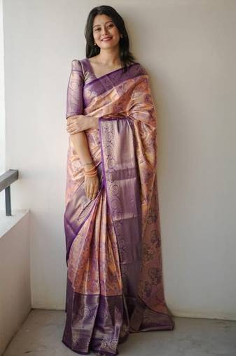 Peach floral zardozi kanjeevaram saree