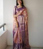 Peach floral zardozi kanjeevaram saree