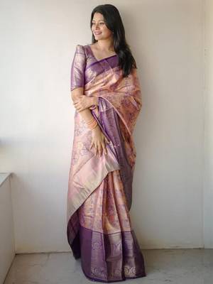 Peach floral zardozi kanjeevaram saree 2