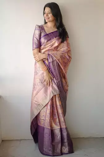 Peach floral zardozi kanjeevaram saree