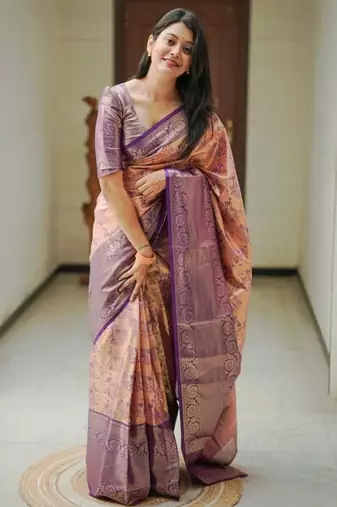 Peach floral zardozi kanjeevaram saree