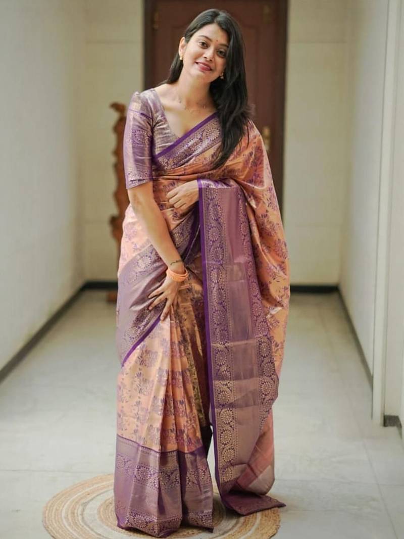 Peach floral zardozi kanjeevaram saree