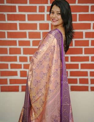 Peach floral zardozi kanjeevaram saree 5