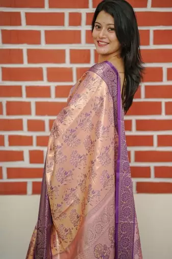Peach floral zardozi kanjeevaram saree