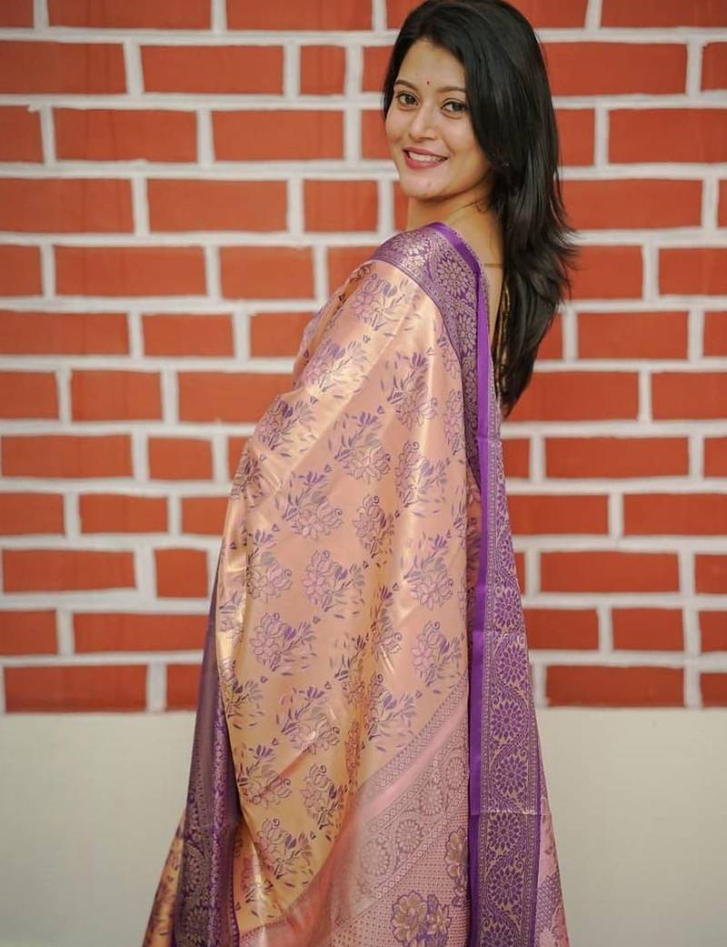 Peach floral zardozi kanjeevaram saree