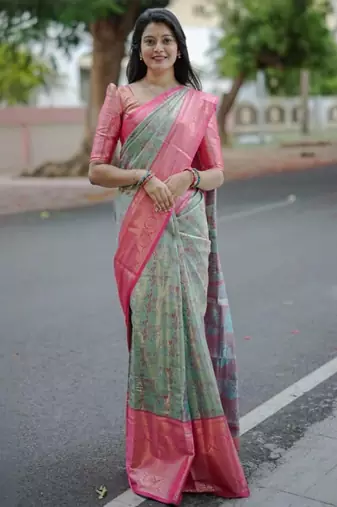 Blue floral zari kanjeevaram saree