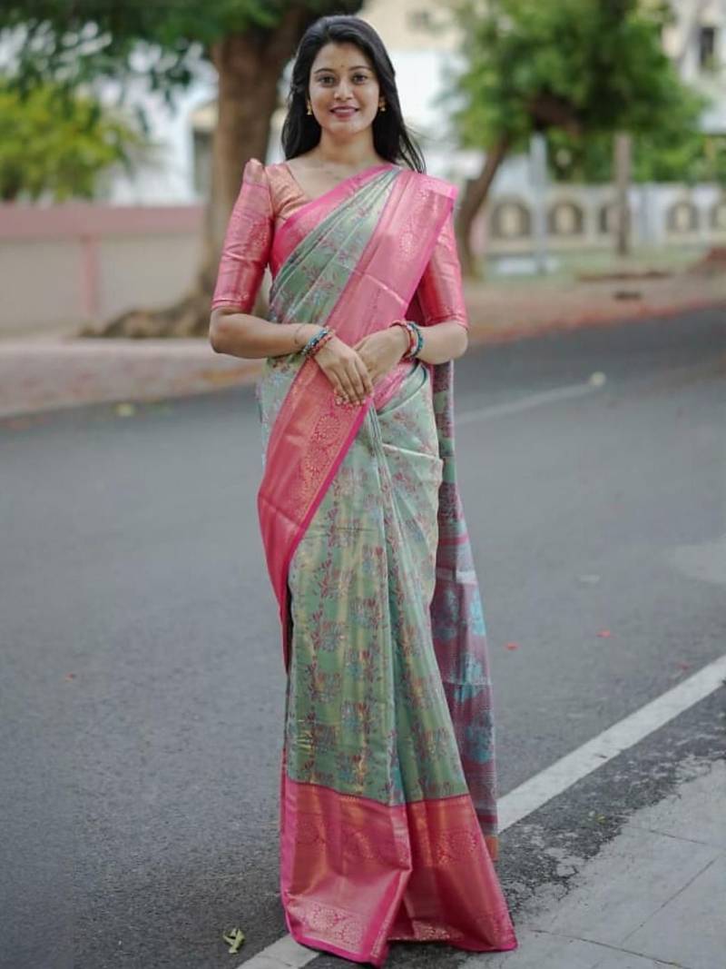 Blue floral zari kanjeevaram saree