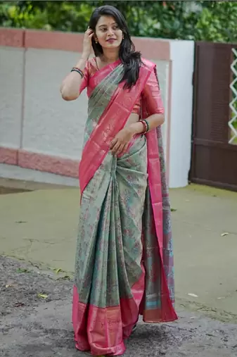 Blue floral zari kanjeevaram saree