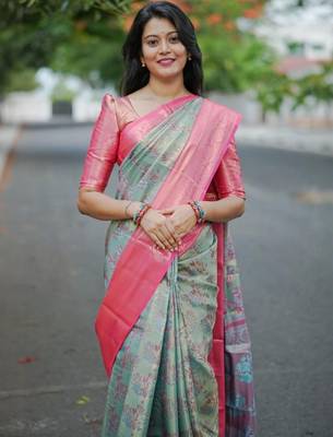 Blue floral zari kanjeevaram saree 3