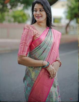 Blue floral zari kanjeevaram saree 4