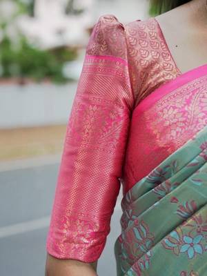 Blue floral zari kanjeevaram saree 5