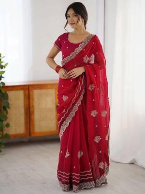 Red embellished embroidered designer saree 1
