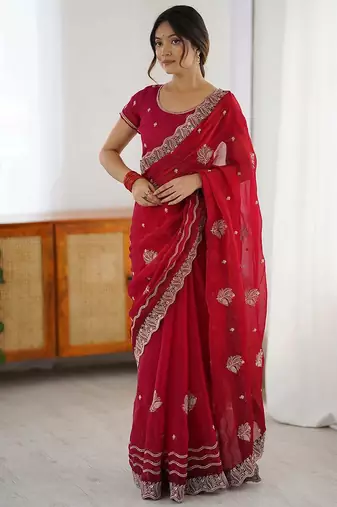 Red embellished embroidered designer saree