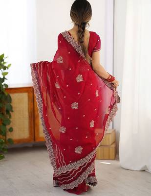 Red embellished embroidered designer saree 2