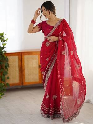 Red embellished embroidered designer saree 3