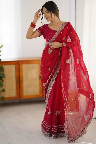 Red embellished embroidered designer saree