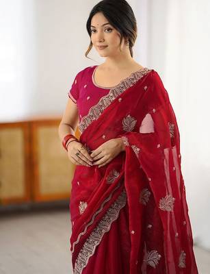 Red embellished embroidered designer saree 4