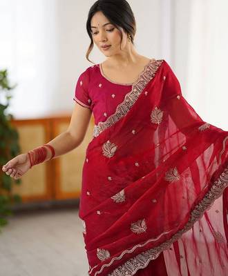 Red embellished embroidered designer saree 5