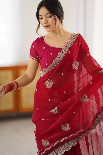 Red embellished embroidered designer saree