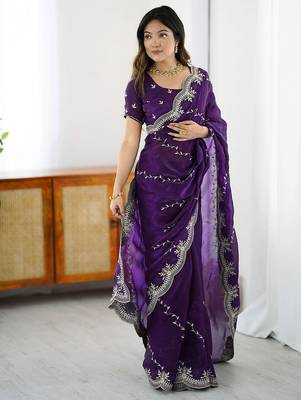 Purple ethnic motifs embroidered saree 1
