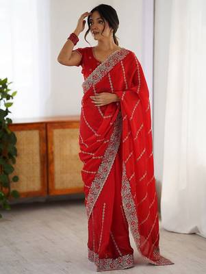 Red ethnic motifs embroidered saree 1