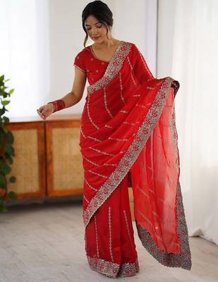 Red ethnic motifs embroidered saree 3