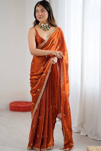 Rust embellished embroidered satin designer saree