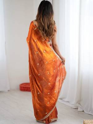 Rust embellished embroidered satin designer saree 2