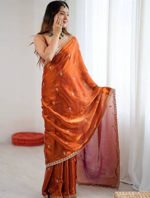 Rust embellished embroidered satin designer saree 3