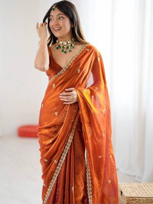 Rust embellished embroidered satin designer saree 5