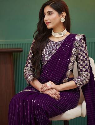 Purple embellished sequinned  georgette saree 1