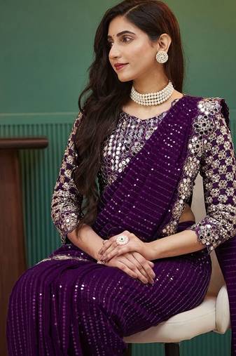 Purple embellished sequinned  georgette saree