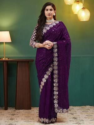 Purple embellished sequinned  georgette saree 2
