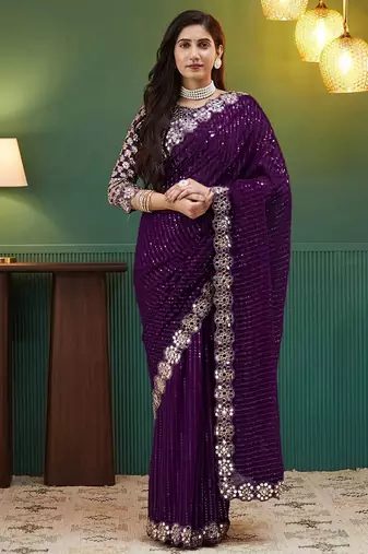 Purple embellished sequinned  georgette saree