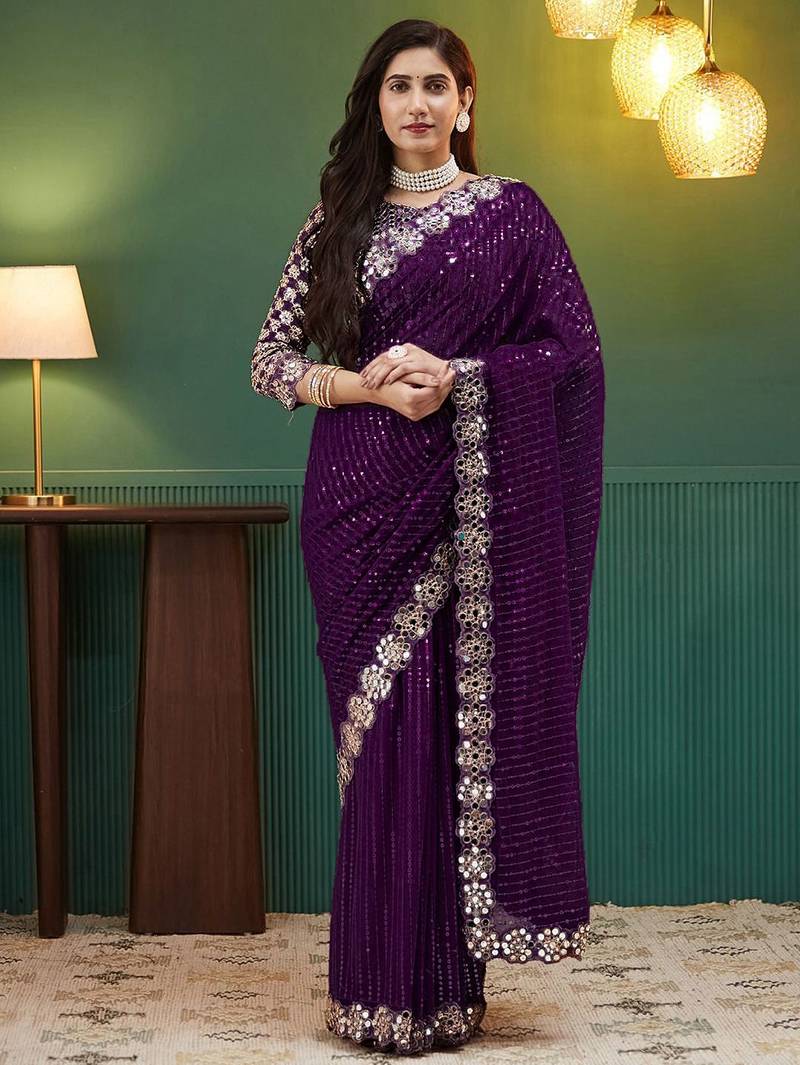 Purple embellished sequinned  georgette saree