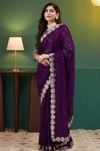 Purple embellished sequinned  georgette saree