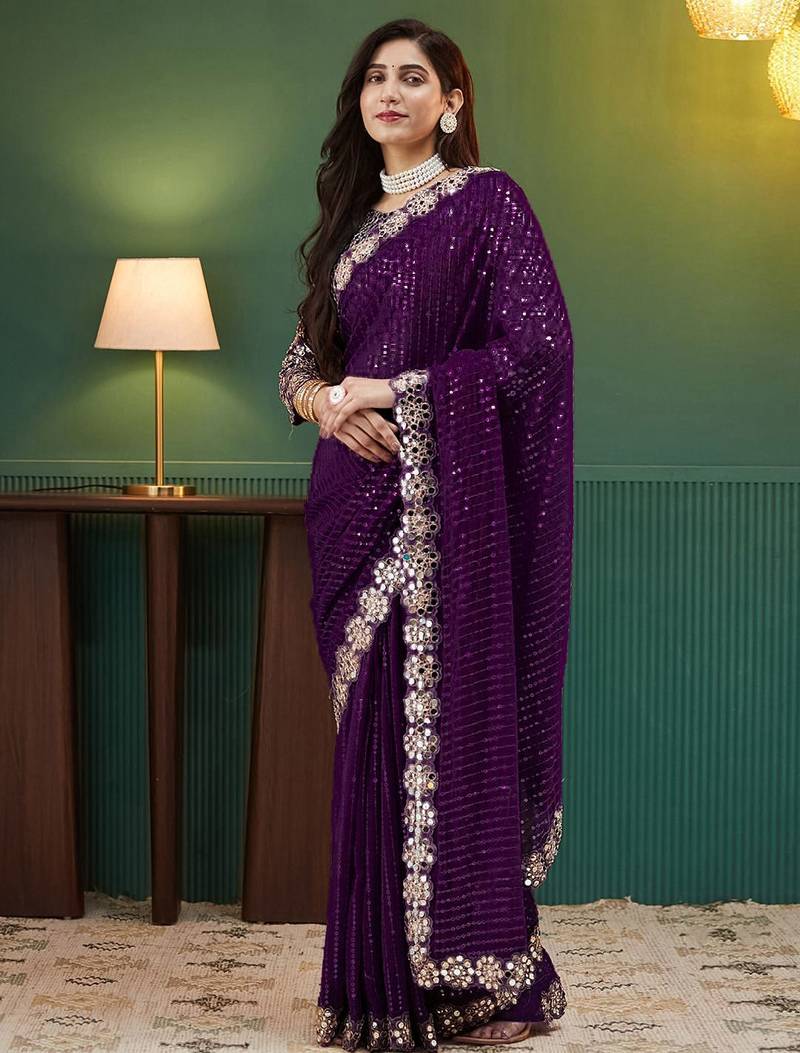 Purple embellished sequinned  georgette saree