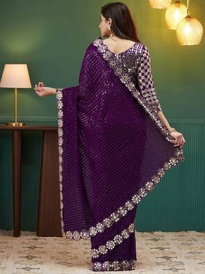 Purple embellished sequinned  georgette saree 4