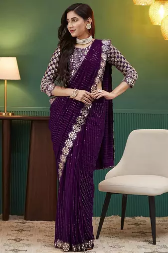 Purple embellished sequinned  georgette saree