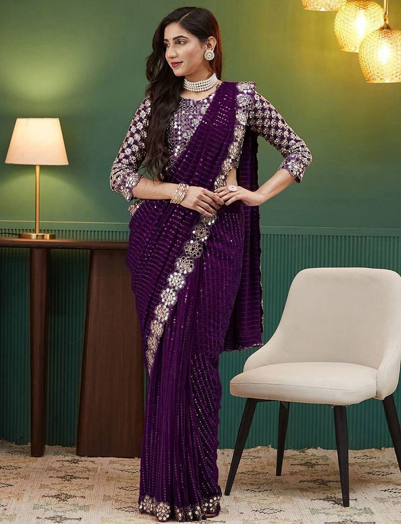 Purple embellished sequinned  georgette saree