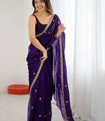 Purple embellished embroidered satin designer saree