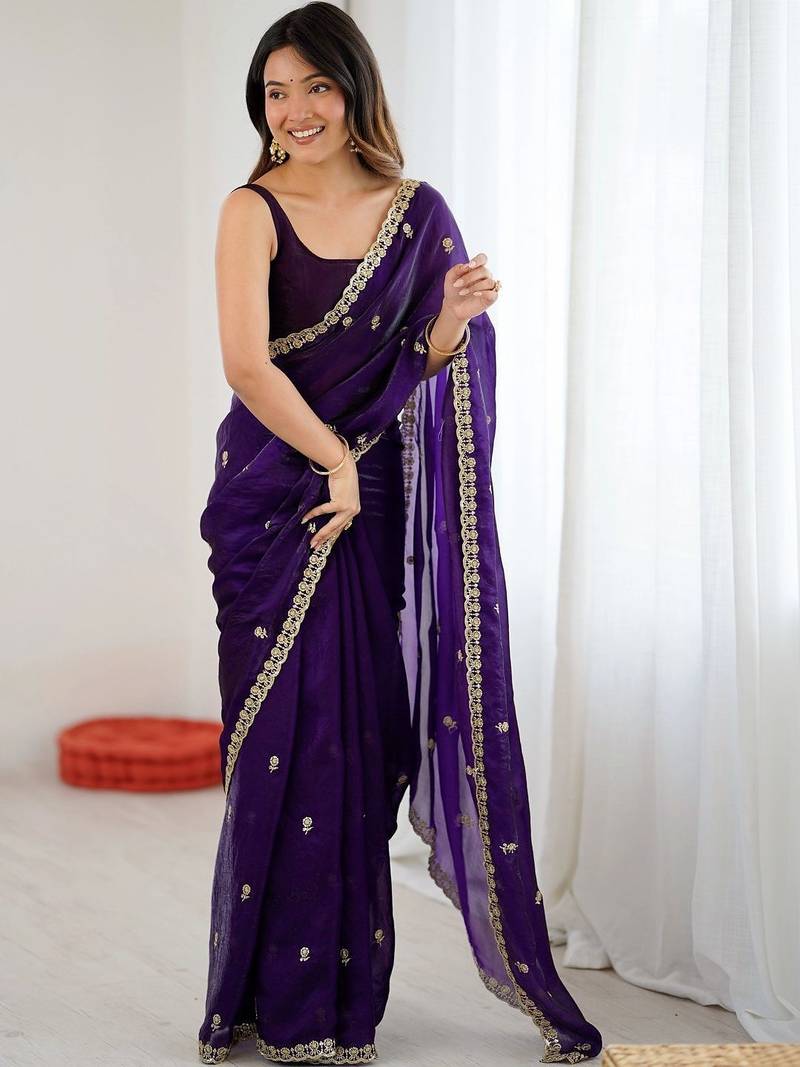 Purple embellished embroidered satin designer saree