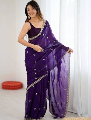 Purple embellished embroidered satin designer saree 2