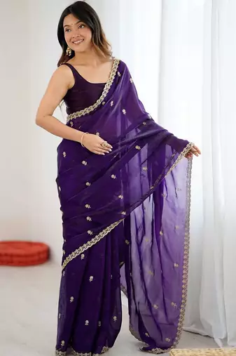 Purple embellished embroidered satin designer saree