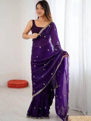 Purple embellished embroidered satin designer saree 3