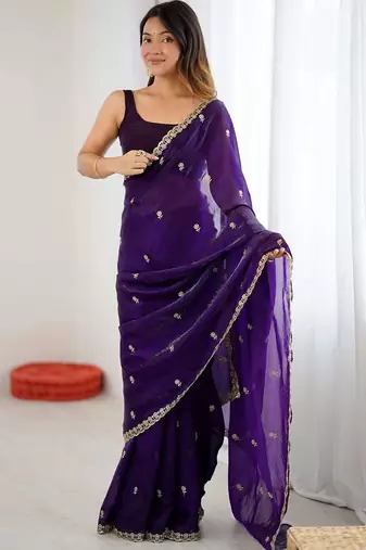 Purple embellished embroidered satin designer saree