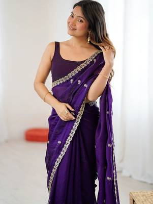 Purple embellished embroidered satin designer saree 4