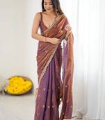 Purple embellished embroidered satin designer saree
