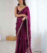 Purple embellished embroidered satin designer saree